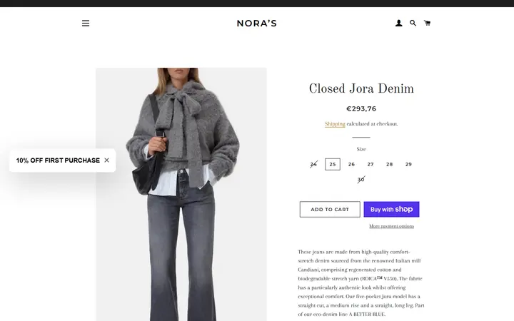 Website page titled Closed Jora Denim – Nora’s