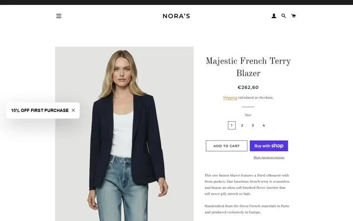 Website page titled Majestic French Terry Blazer – Nora’s