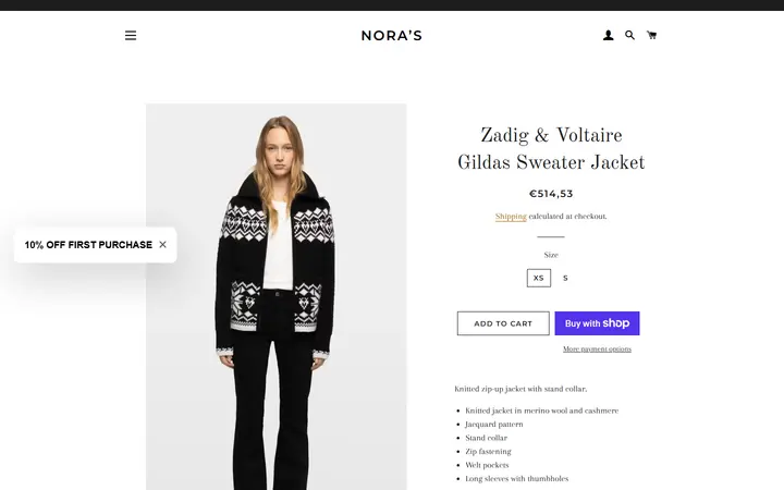 Website page titled Zadig & Voltaire Gildas Sweater Jacket – Nora’s