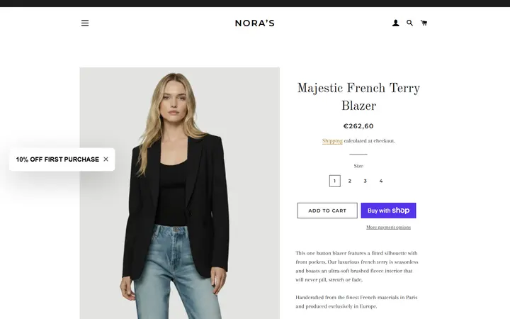 Website page titled Majestic French Terry Blazer – Nora’s