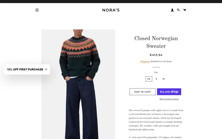 Website page titled Closed Norwegian Sweater – Nora’s