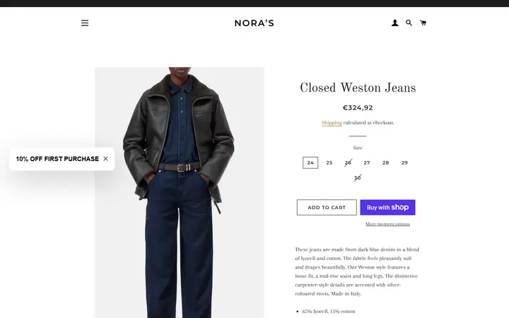 Website page titled Closed Weston Jeans – Nora’s