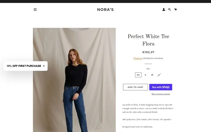 Website page titled Perfect White Tee Flora – Nora’s