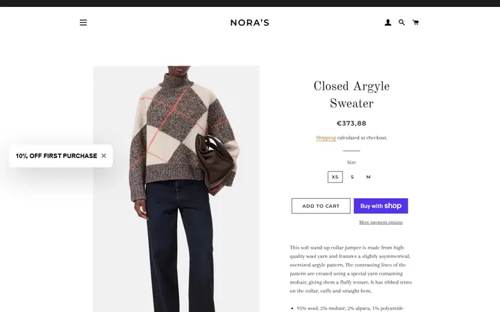 Website page titled Closed Argyle Sweater – Nora’s