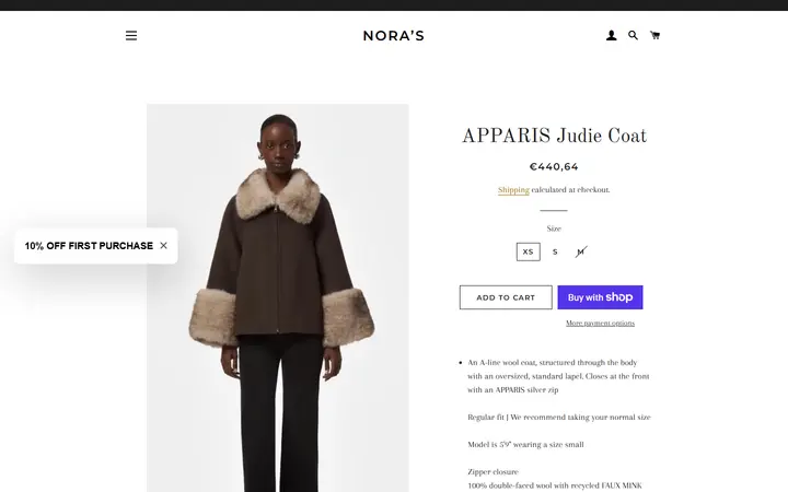 Website page titled APPARIS Judie Coat – Nora’s