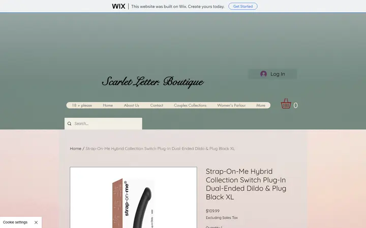 Website page titled Strap-On-Me Hybrid Collection Switch Plug-In Dual-Ended Dildo & Plug Black XL | The Scarlet Letter