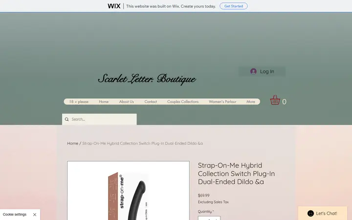 Website page titled Strap-On-Me Hybrid Collection Switch Plug-In Dual-Ended Dildo &a | The Scarlet Letter