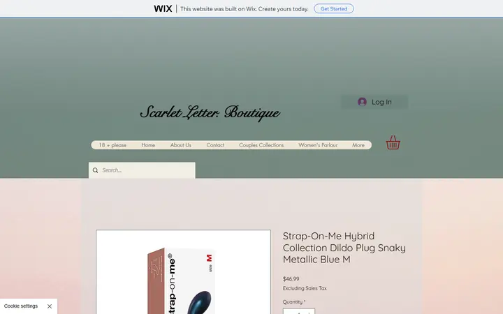 Website page titled Strap-On-Me Hybrid Collection Dildo Plug Snaky Metallic Blue M | The Scarlet Letter