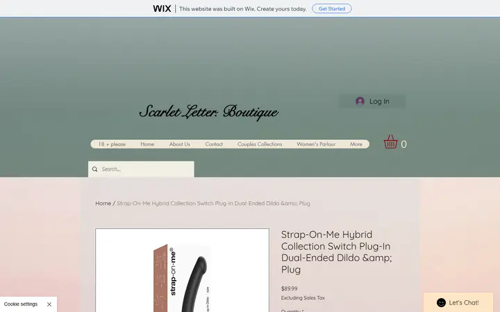 Website page titled Strap-On-Me Hybrid Collection Switch Plug-In Dual-Ended Dildo &amp; Plug | The Scarlet Letter
