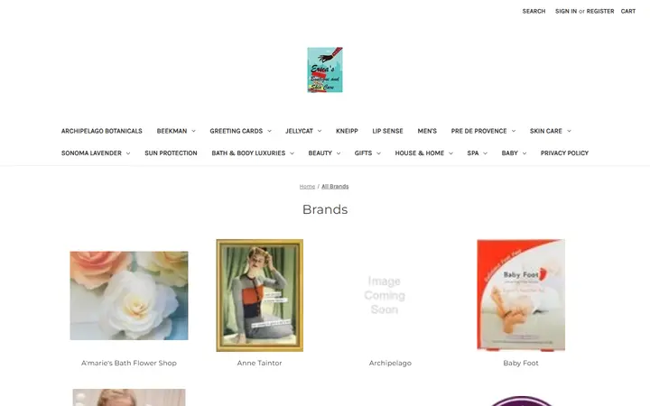 Website page titled Erica's Boutique & Skin Care Brands