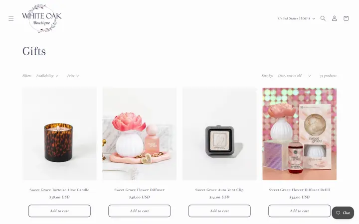 Website page titled Gifts – White Oak Boutique
