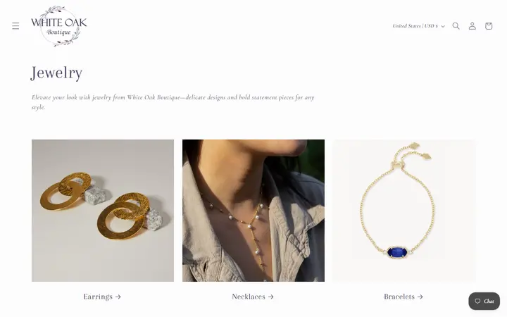 Website page titled Jewelry – White Oak Boutique