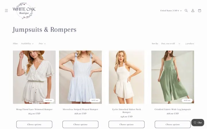 Website page titled Jumpsuits & Rompers – White Oak Boutique
