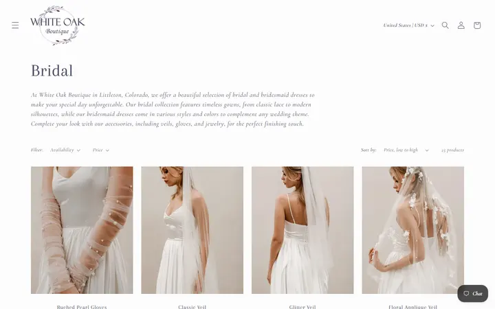 Website page titled Bridal – White Oak Boutique