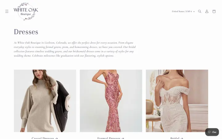 Website page titled Dresses – White Oak Boutique