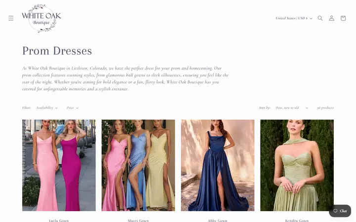 Website page titled Prom Dresses – White Oak Boutique