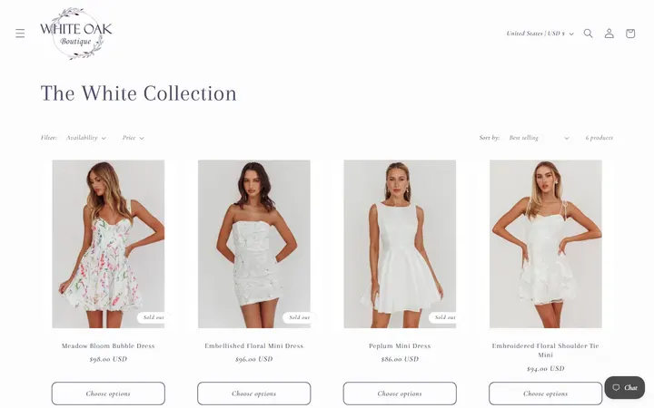 Website page titled The White Collection – White Oak Boutique