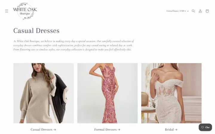 Website page titled Casual Dresses – White Oak Boutique