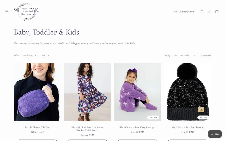 Website page titled Baby, Toddler & Kids – White Oak Boutique