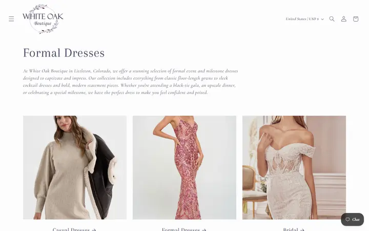 Website page titled Formal Dresses – White Oak Boutique