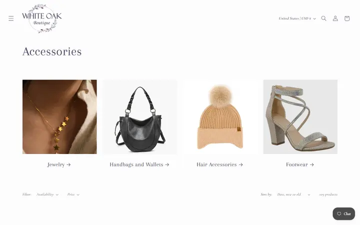 Website page titled Accessories – White Oak Boutique