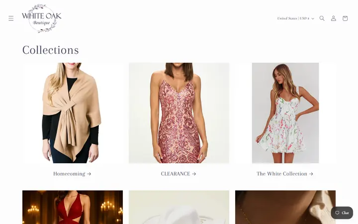 Website page titled Collections – White Oak Boutique