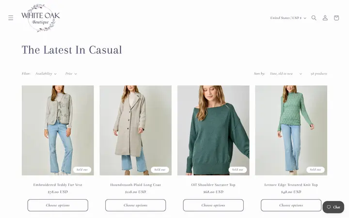 Website page titled The Latest In Casual – White Oak Boutique