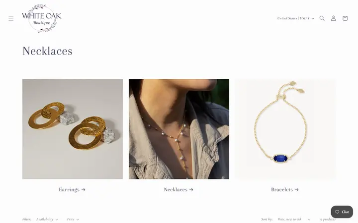 Website page titled Necklaces – White Oak Boutique
