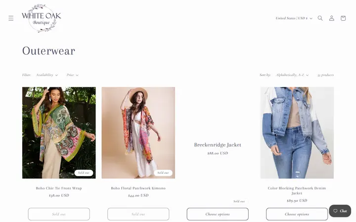 Website page titled Outerwear – White Oak Boutique