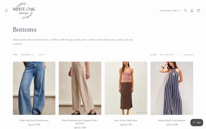 Website page titled Bottoms – White Oak Boutique