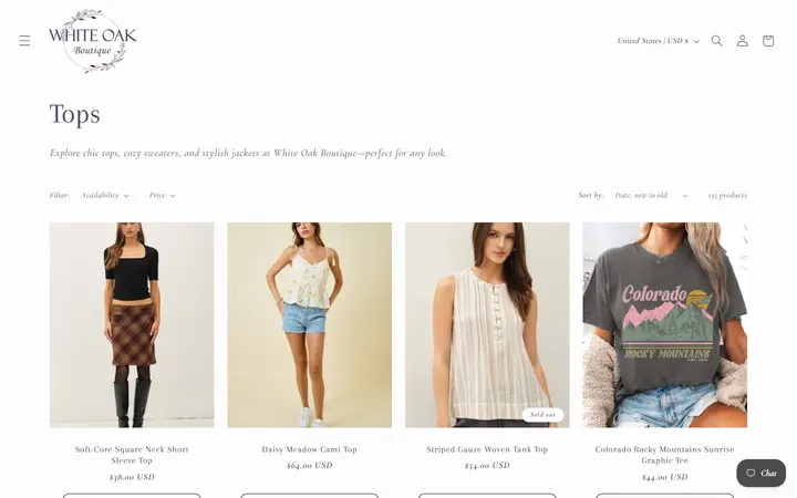 Website page titled Tops – White Oak Boutique