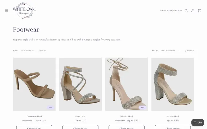 Website page titled Footwear – White Oak Boutique
