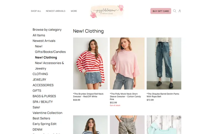 Website page titled New! Clothing | Giggleblossom Boutique