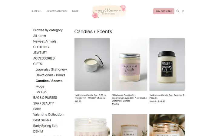 Website page titled Candles / Scents | Giggleblossom Boutique