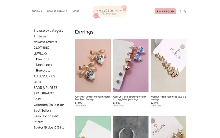 Website page titled Earrings | Giggleblossom Boutique