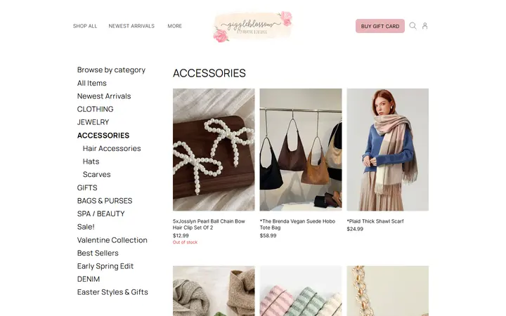 Website page titled ACCESSORIES | Giggleblossom Boutique