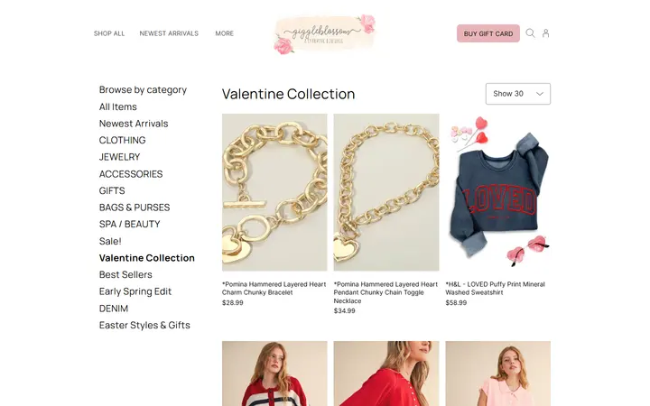 Website page titled Valentine Collection | Giggleblossom Boutique