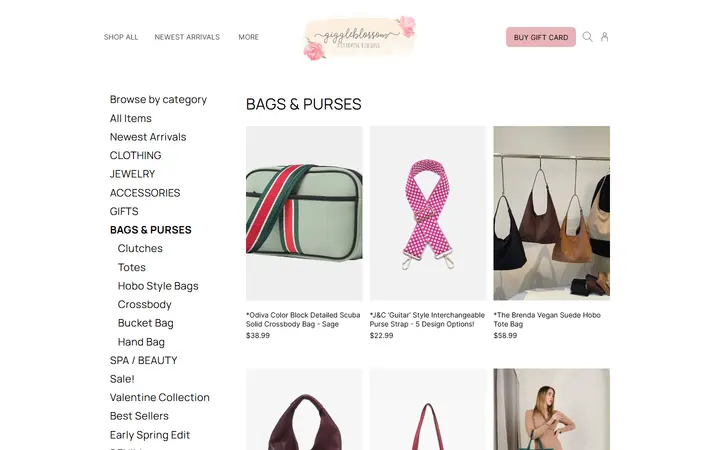 Website page titled BAGS & PURSES | Giggleblossom Boutique