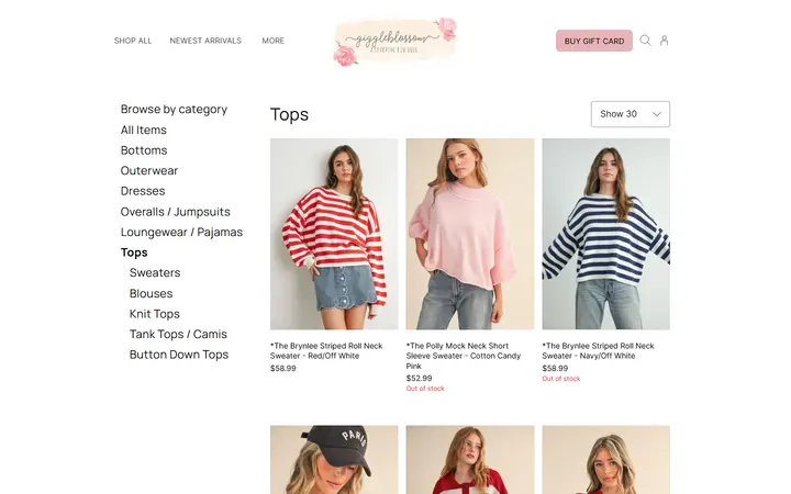 Website page titled Tops | Giggleblossom Boutique
