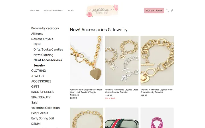 Website page titled New! Accessories & Jewelry | Giggleblossom Boutique