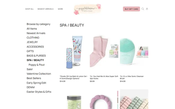 Website page titled SPA / BEAUTY | Giggleblossom Boutique