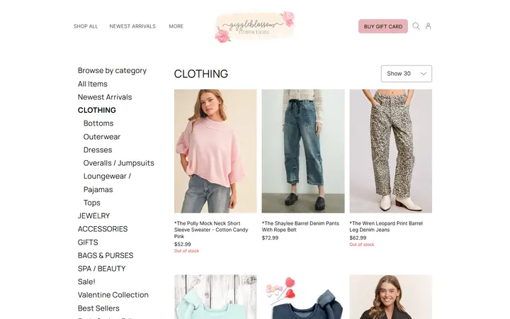 Website page titled CLOTHING | Giggleblossom Boutique