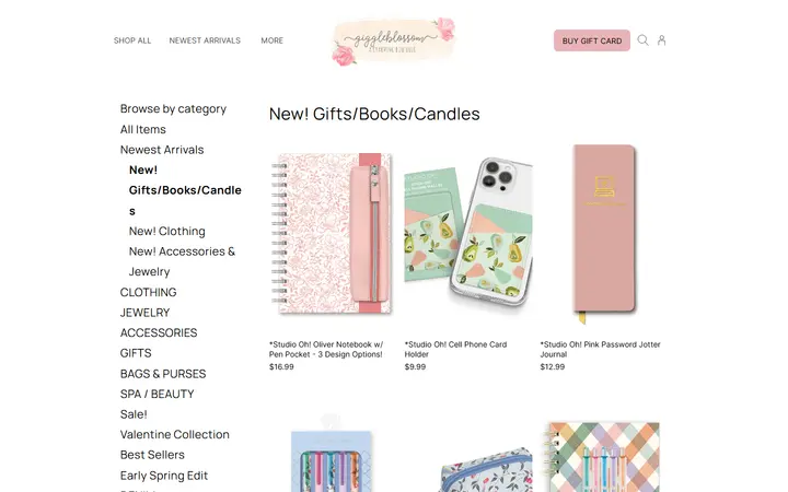 Website page titled New! Gifts/Books/Candles | Giggleblossom Boutique