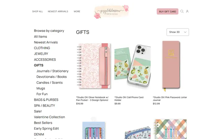 Website page titled GIFTS | Giggleblossom Boutique