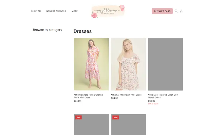 Website page titled Dresses | Giggleblossom Boutique