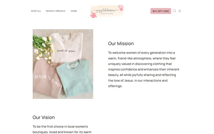 Website page titled About | Giggleblossom Boutique