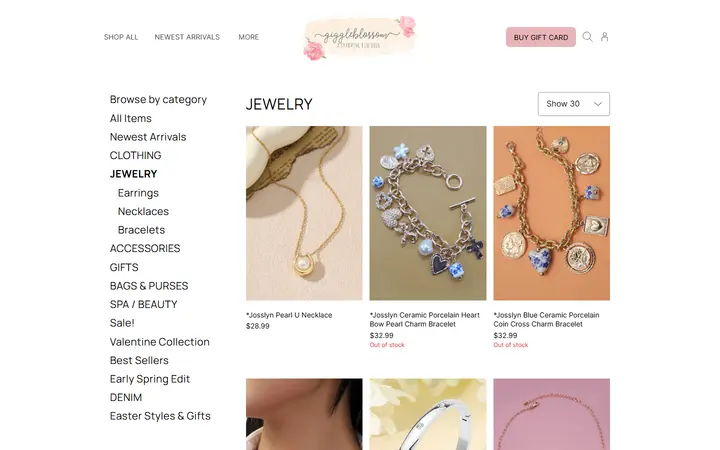 Website page titled JEWELRY | Giggleblossom Boutique