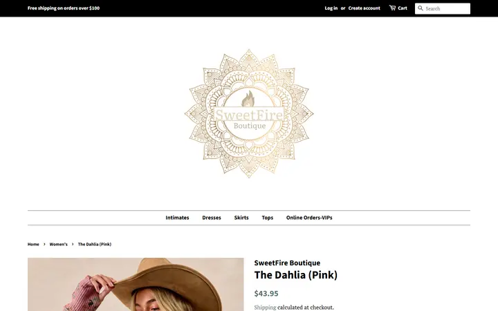 Website page titled The Dahlia (Pink) – SweetFire Boutique