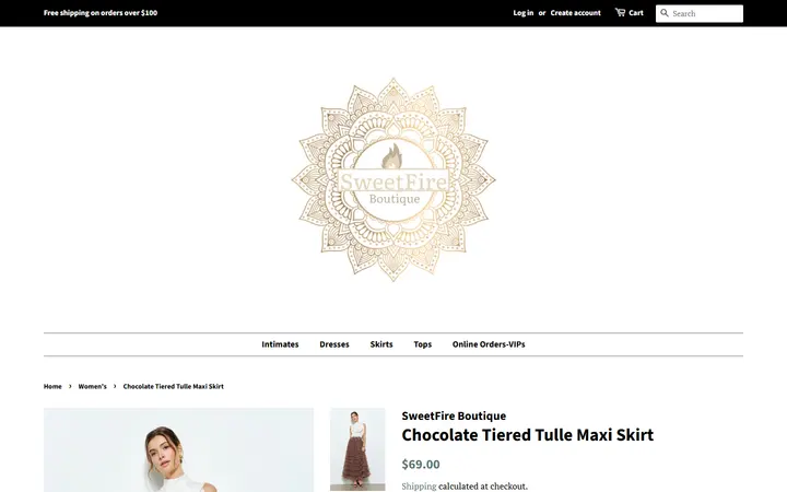 Website page titled Chocolate Tiered Tulle Maxi Skirt – SweetFire Boutique