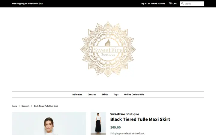 Website page titled Black Tiered Tulle Maxi Skirt – SweetFire Boutique